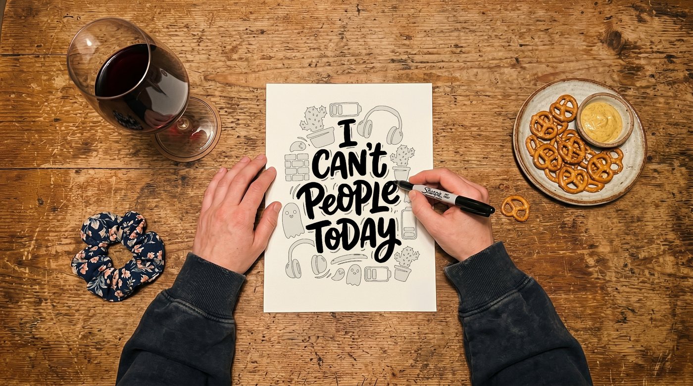 Flatlay of hands coloring "I Can't People Today" bold quote page with a black marker, red wine and pretzels