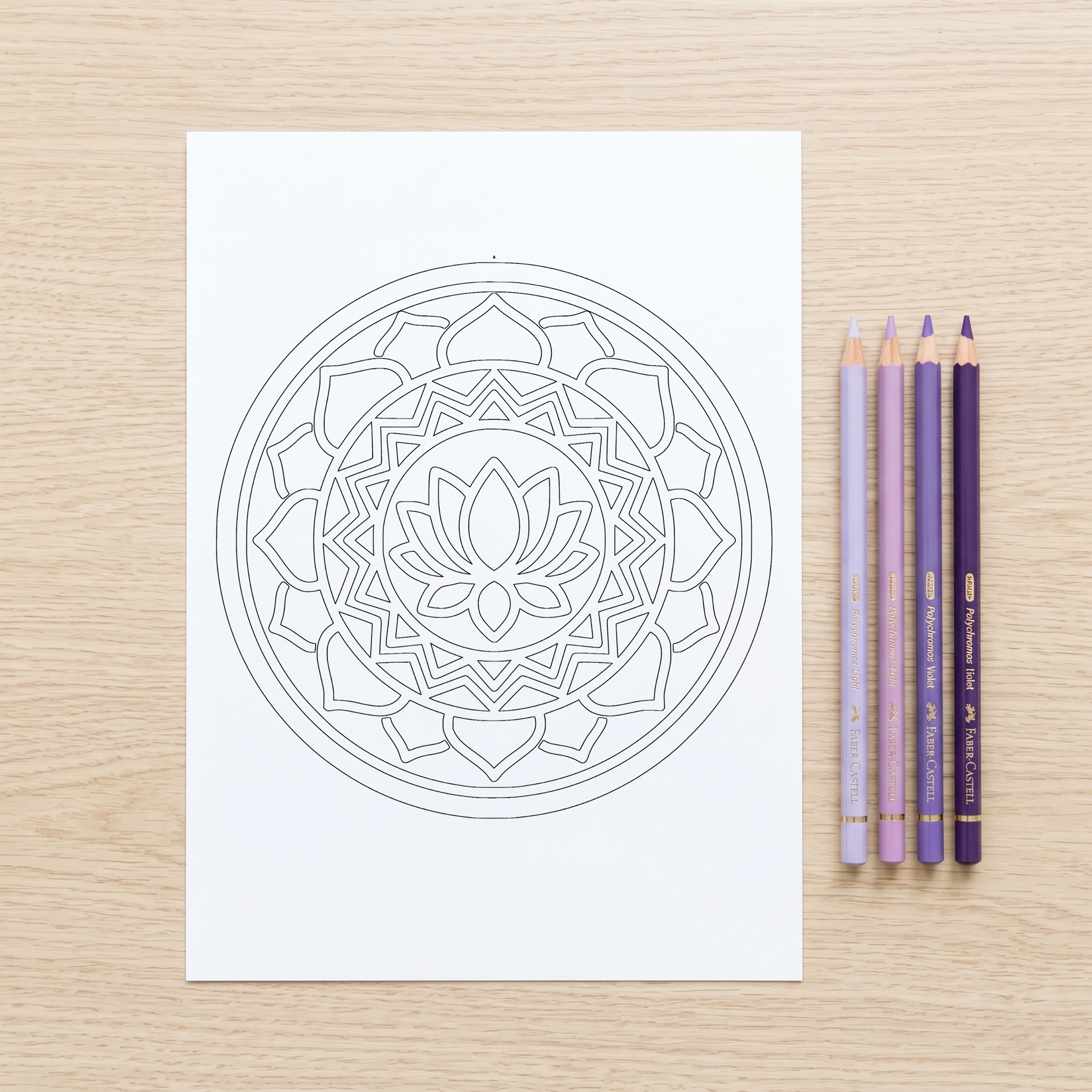 Violet pencils shading technique on a mandala — one color, total focus