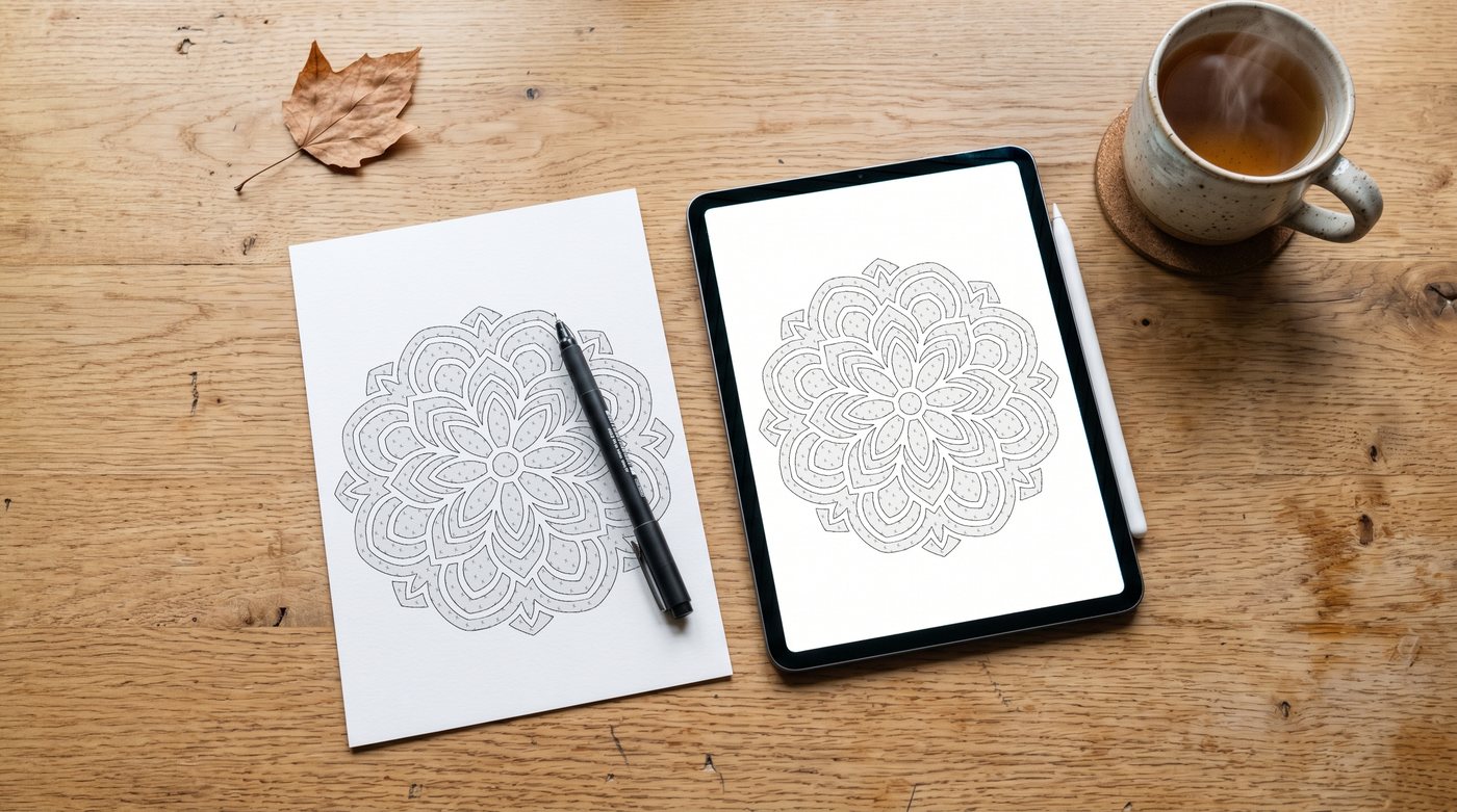 Monochrome mandala printed on paper next to an iPad showing the same design — works on paper or digitally