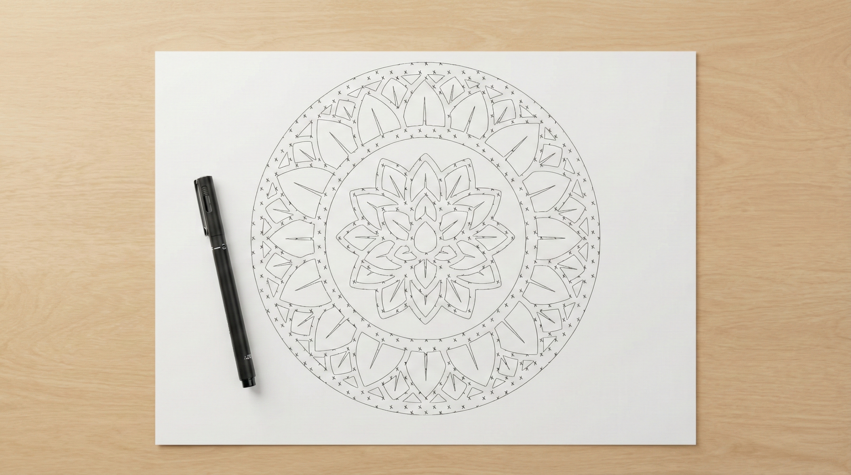 A single black marker resting beside a blank mandala — one color, one decision