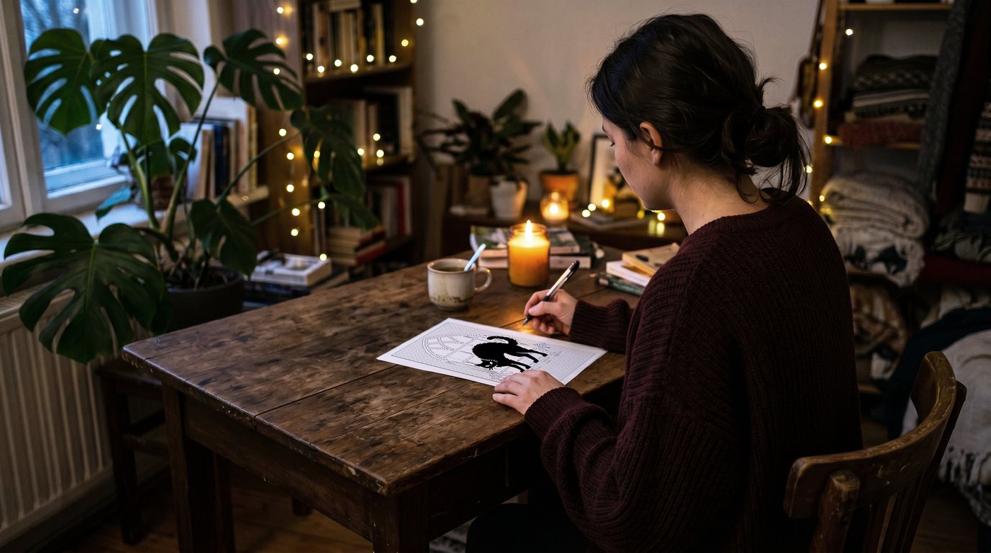 Woman coloring at a candlelit desk surrounded by books and fairy lights :  dark academia aesthetic