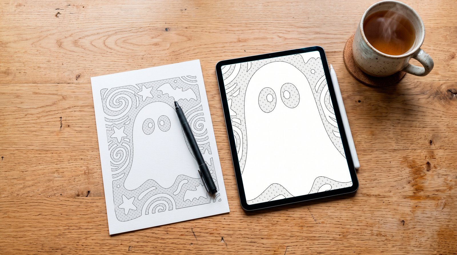 Halloween monochrome coloring setup on paper and iPad