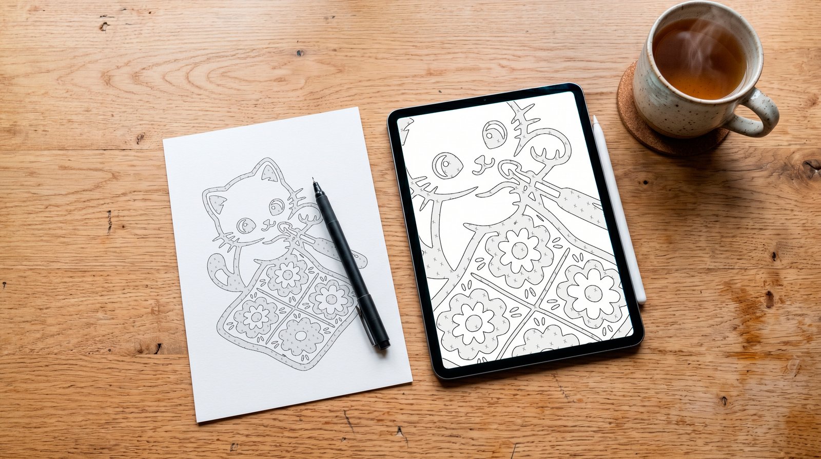 Monochrome coloring setup on paper and iPad