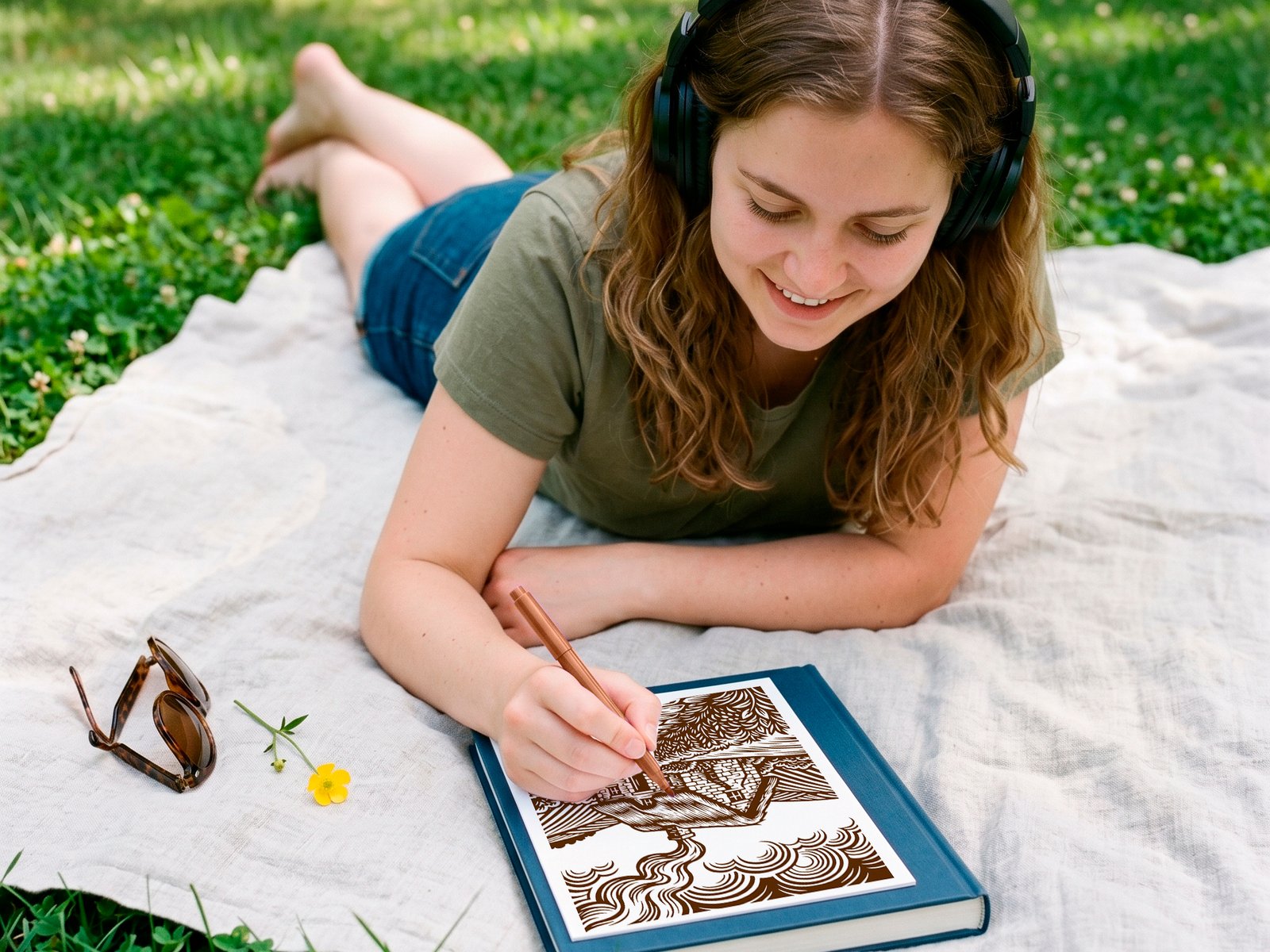 Cozy outdoor monochrome coloring session in the park
