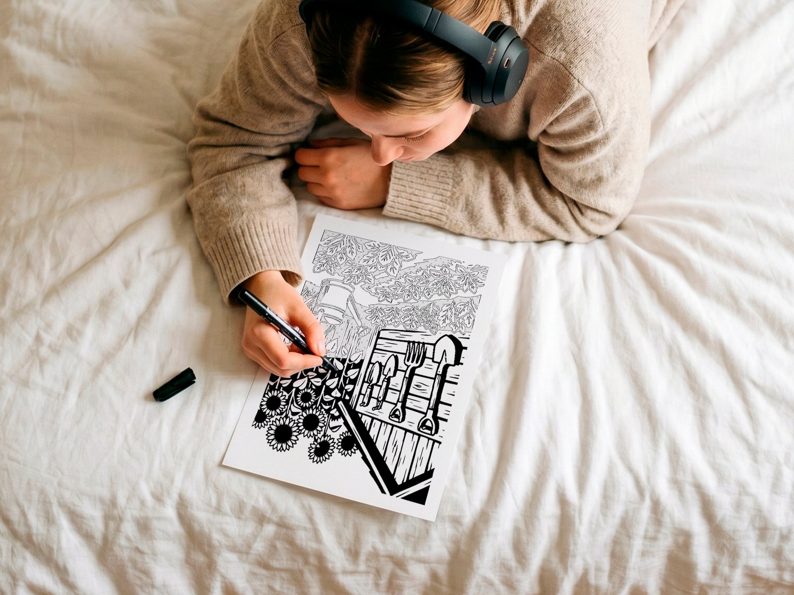 Cozy indoor room setup for monochrome coloring