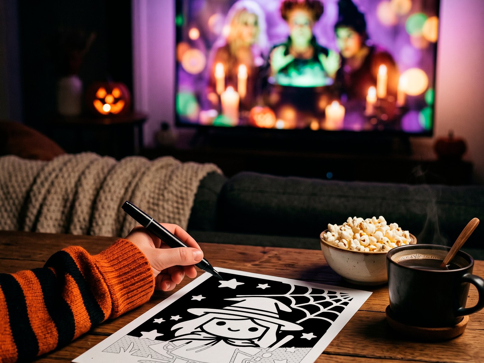 Woman holding a marker over a monochrome coloring page, preparing a relaxing October coloring ritual